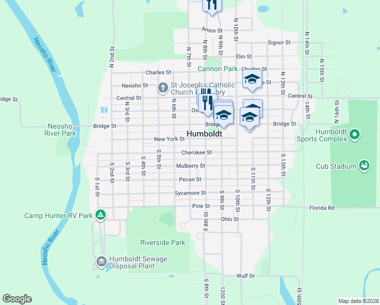 map of restaurants, bars, coffee shops, grocery stores, and more near 701 Cherokee Street in Humboldt