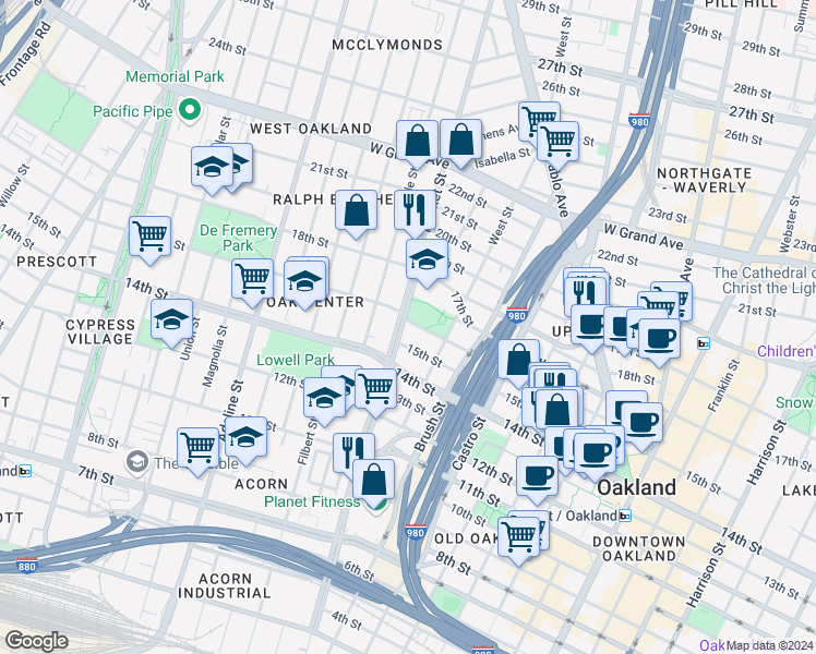 map of restaurants, bars, coffee shops, grocery stores, and more near 1550 Market Street in Oakland