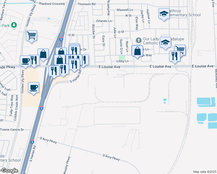 map of restaurants, bars, coffee shops, grocery stores, and more near 500 East Louise Avenue in Lathrop