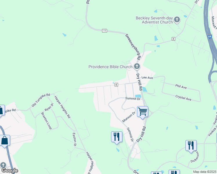 map of restaurants, bars, coffee shops, grocery stores, and more near 102 Dunbar Avenue in Beckley