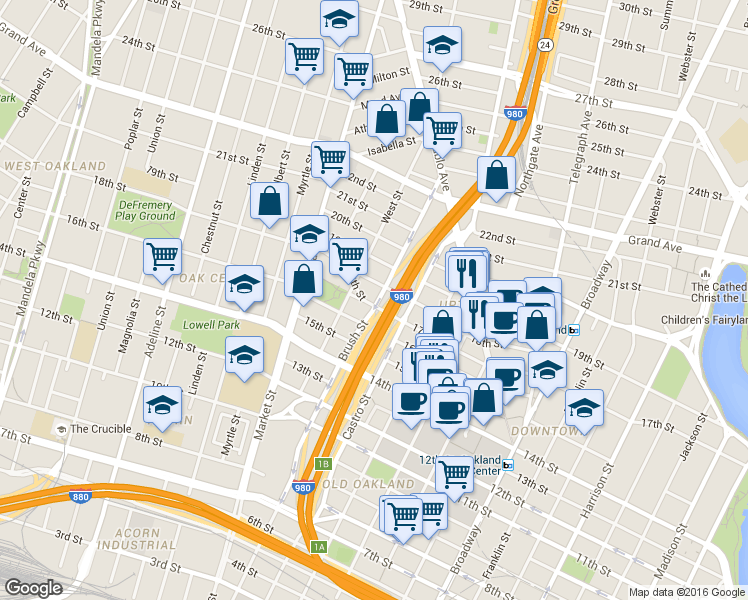 map of restaurants, bars, coffee shops, grocery stores, and more near 1703 Brush Street in Oakland