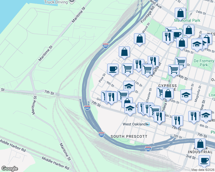 map of restaurants, bars, coffee shops, grocery stores, and more near 864 Wood Street in Oakland