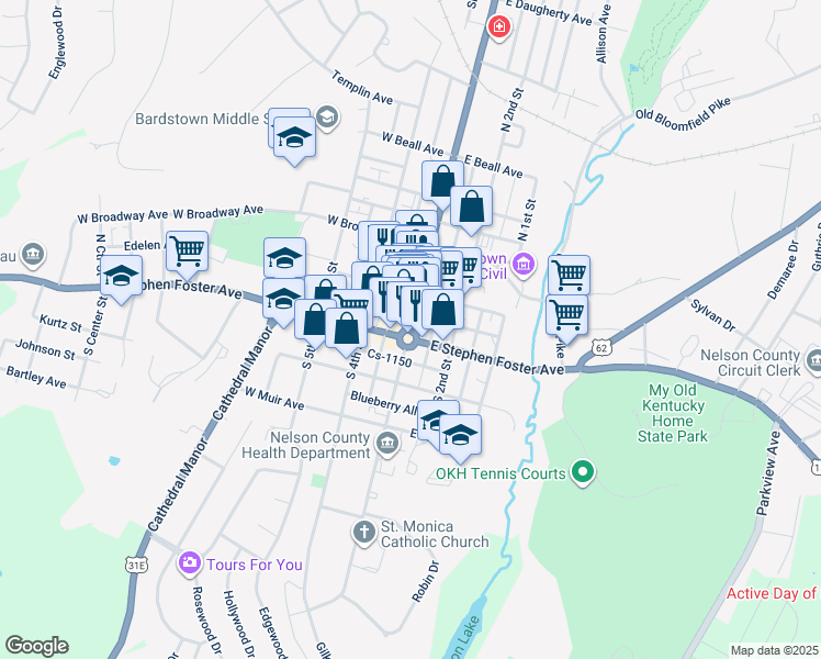 map of restaurants, bars, coffee shops, grocery stores, and more near U.S. 150 in Bardstown