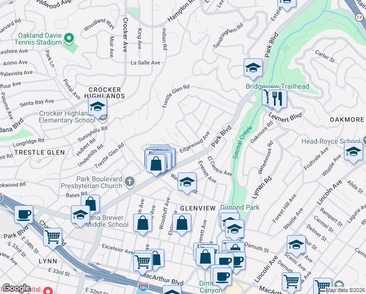 map of restaurants, bars, coffee shops, grocery stores, and more near 4410 Edgewood Avenue in Oakland
