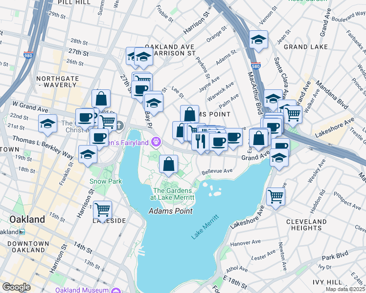 map of restaurants, bars, coffee shops, grocery stores, and more near 298 Grand Avenue in Oakland