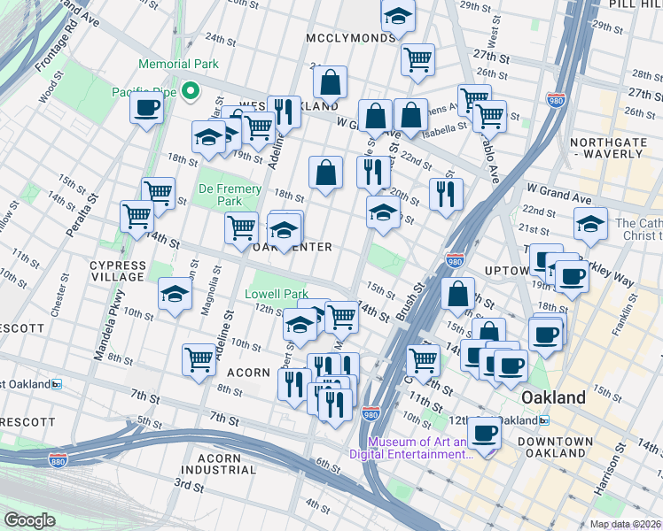 map of restaurants, bars, coffee shops, grocery stores, and more near 1414 Myrtle Street in Oakland