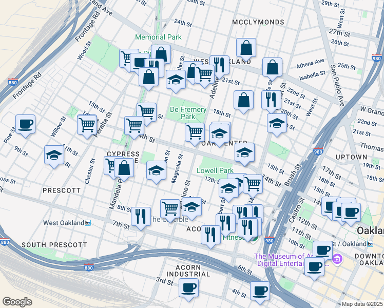 map of restaurants, bars, coffee shops, grocery stores, and more near in Oakland