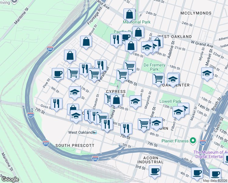 map of restaurants, bars, coffee shops, grocery stores, and more near 12th Street in Oakland