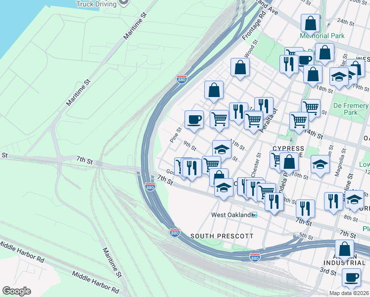 map of restaurants, bars, coffee shops, grocery stores, and more near 864 Wood Street in Oakland