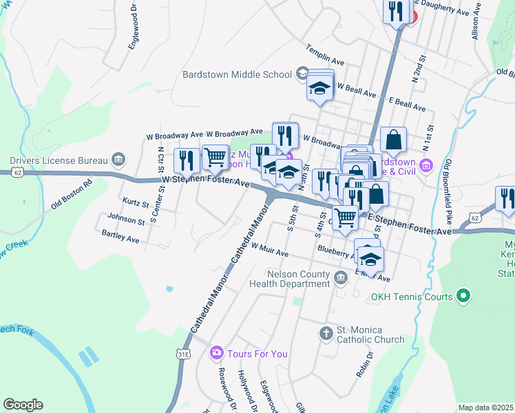 map of restaurants, bars, coffee shops, grocery stores, and more near 218 Cathedral Manor in Bardstown