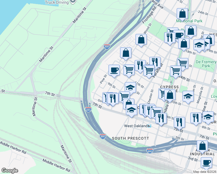 map of restaurants, bars, coffee shops, grocery stores, and more near 864 Wood Street in Oakland