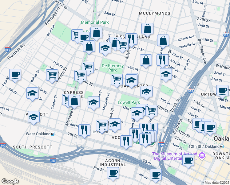 map of restaurants, bars, coffee shops, grocery stores, and more near in Oakland