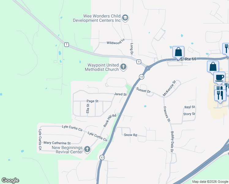 map of restaurants, bars, coffee shops, grocery stores, and more near 108 Jared Street in Waynesville
