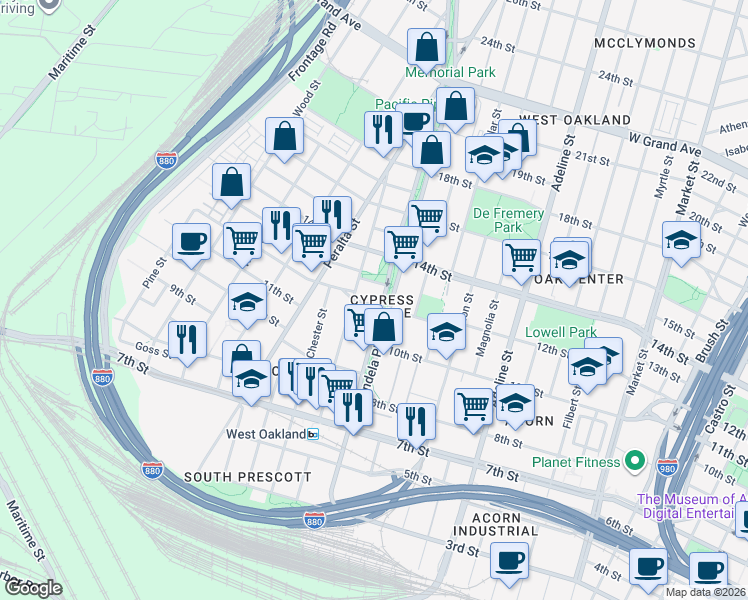 map of restaurants, bars, coffee shops, grocery stores, and more near 12th Street in Oakland