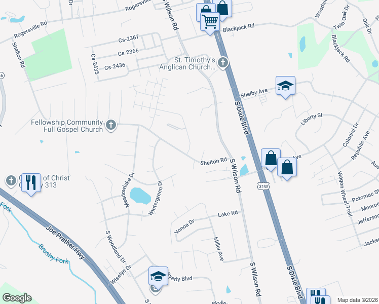 map of restaurants, bars, coffee shops, grocery stores, and more near 266 Shelton Road in Radcliff