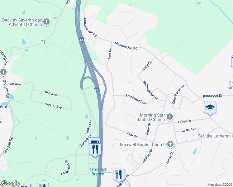 map of restaurants, bars, coffee shops, grocery stores, and more near 308 Brookwood Lane in Beckley