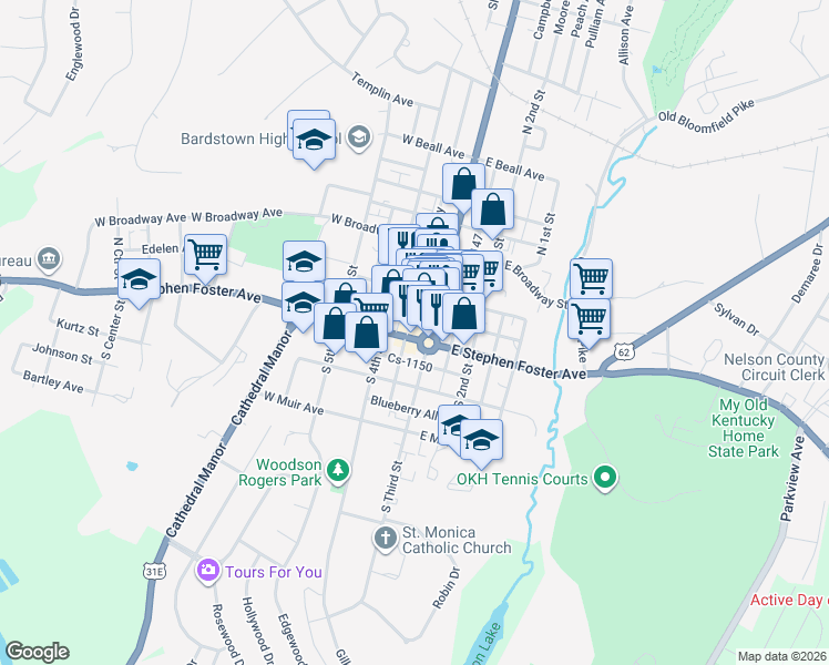 map of restaurants, bars, coffee shops, grocery stores, and more near 107 North 3rd Street in Bardstown