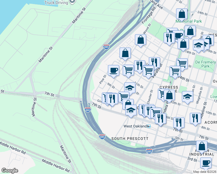 map of restaurants, bars, coffee shops, grocery stores, and more near 879 Wood Street in Oakland