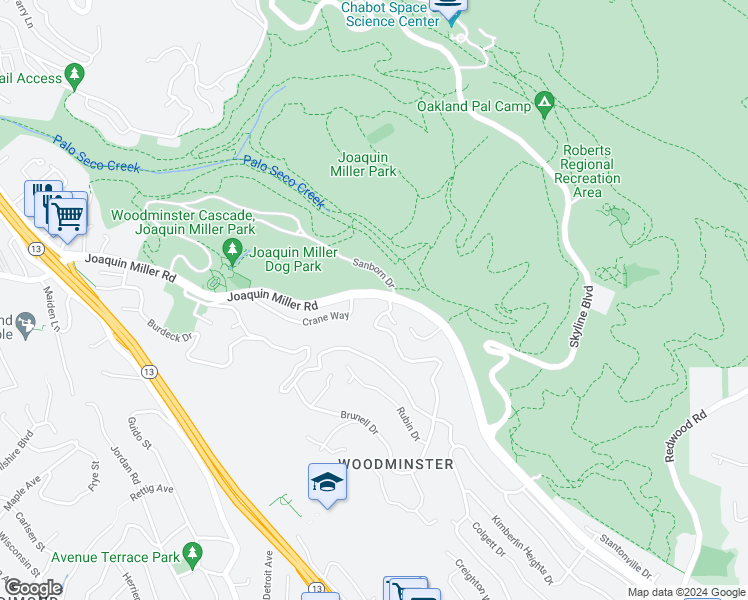map of restaurants, bars, coffee shops, grocery stores, and more near 3131 Robinson Drive in Oakland