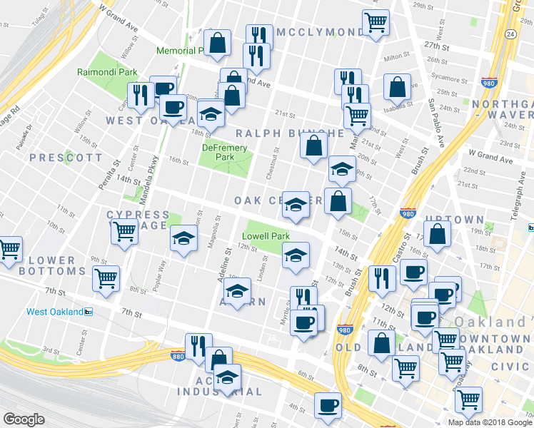 map of restaurants, bars, coffee shops, grocery stores, and more near 1060 14th Street in Oakland