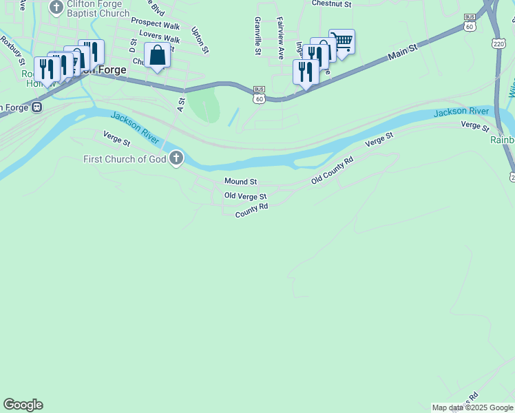 map of restaurants, bars, coffee shops, grocery stores, and more near County Road in Clifton Forge