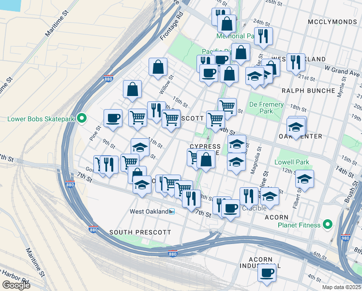 map of restaurants, bars, coffee shops, grocery stores, and more near 1128 Chester Street in Oakland
