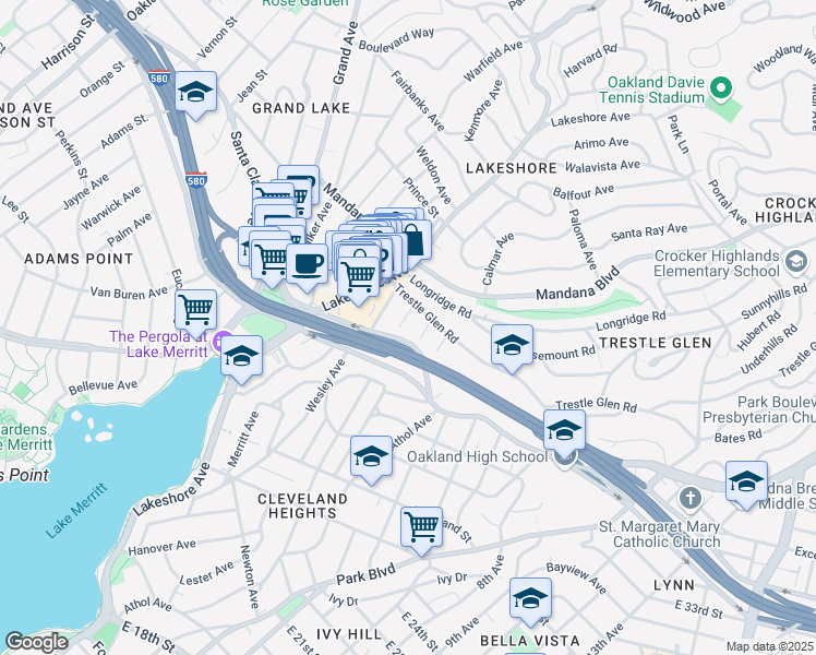 map of restaurants, bars, coffee shops, grocery stores, and more near 668 Brookwood Place in Oakland