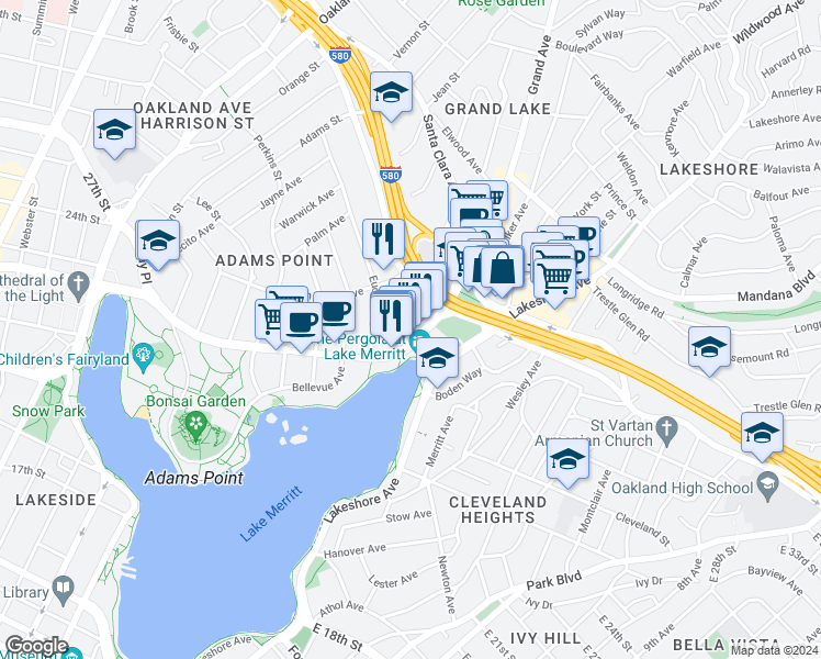 map of restaurants, bars, coffee shops, grocery stores, and more near 599 El Embarcadero in Oakland