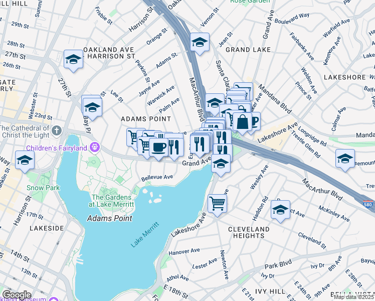 map of restaurants, bars, coffee shops, grocery stores, and more near 401 Burk Street in Oakland