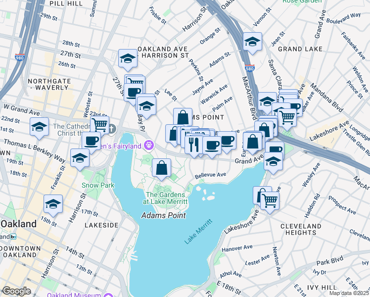 map of restaurants, bars, coffee shops, grocery stores, and more near in Oakland