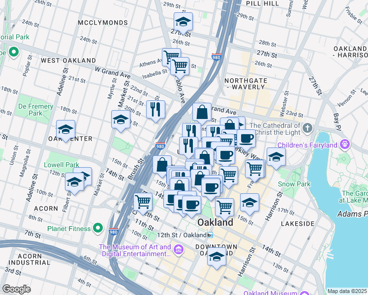 map of restaurants, bars, coffee shops, grocery stores, and more near 1888 Martin Luther King Junior Way in Oakland