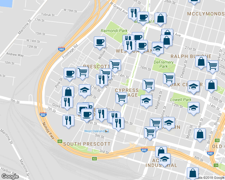 map of restaurants, bars, coffee shops, grocery stores, and more near 1033 Chester Street in Oakland
