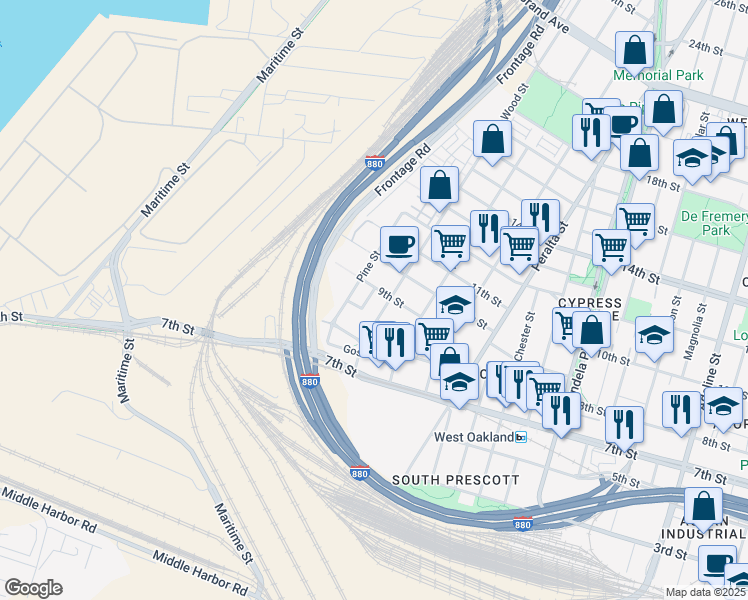 map of restaurants, bars, coffee shops, grocery stores, and more near 864 Wood Street in Oakland