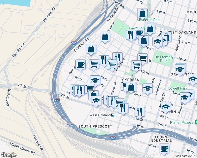 map of restaurants, bars, coffee shops, grocery stores, and more near 1019 Campbell Street in Oakland