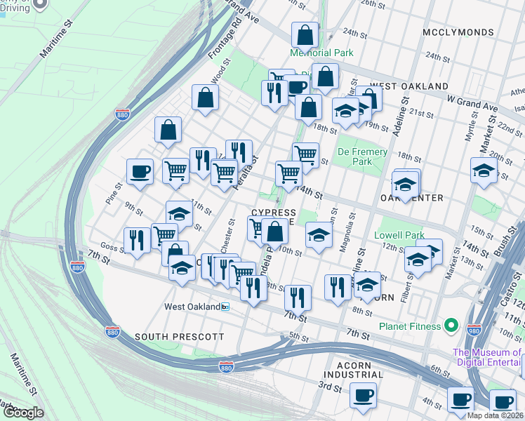 map of restaurants, bars, coffee shops, grocery stores, and more near 1120 Center Street in Oakland