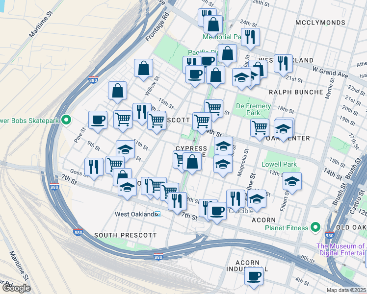 map of restaurants, bars, coffee shops, grocery stores, and more near 2 12th Street in Oakland