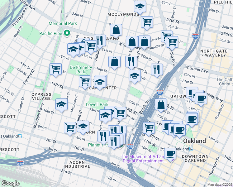 map of restaurants, bars, coffee shops, grocery stores, and more near 1505 Myrtle Street in Oakland