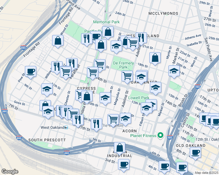 map of restaurants, bars, coffee shops, grocery stores, and more near 1267 14th Street in Oakland