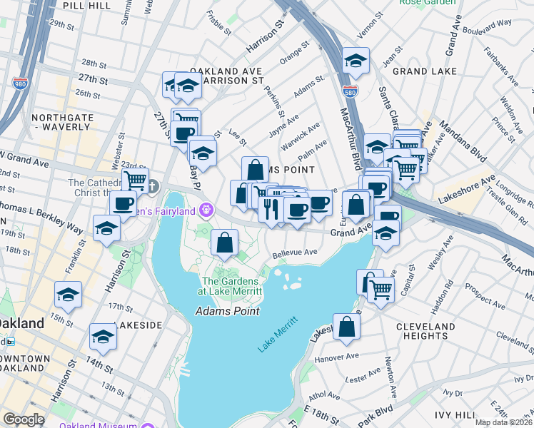 map of restaurants, bars, coffee shops, grocery stores, and more near in Oakland