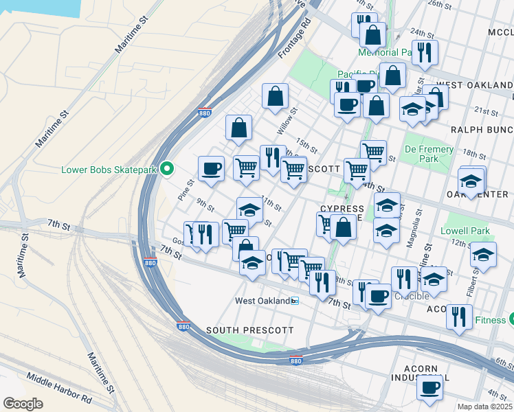 map of restaurants, bars, coffee shops, grocery stores, and more near 1019 Campbell Street in Oakland
