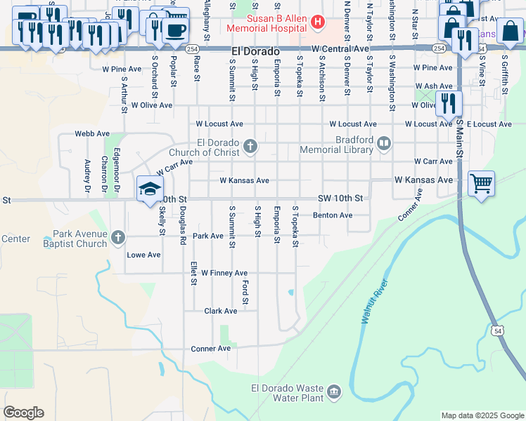 map of restaurants, bars, coffee shops, grocery stores, and more near 906 South High Street in El Dorado