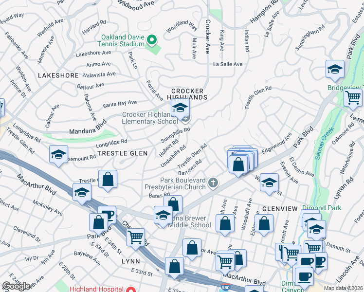 map of restaurants, bars, coffee shops, grocery stores, and more near 1035 Underhills Road in Oakland