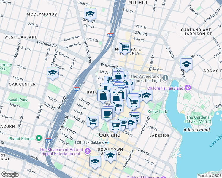 map of restaurants, bars, coffee shops, grocery stores, and more near 500 William Street in Oakland