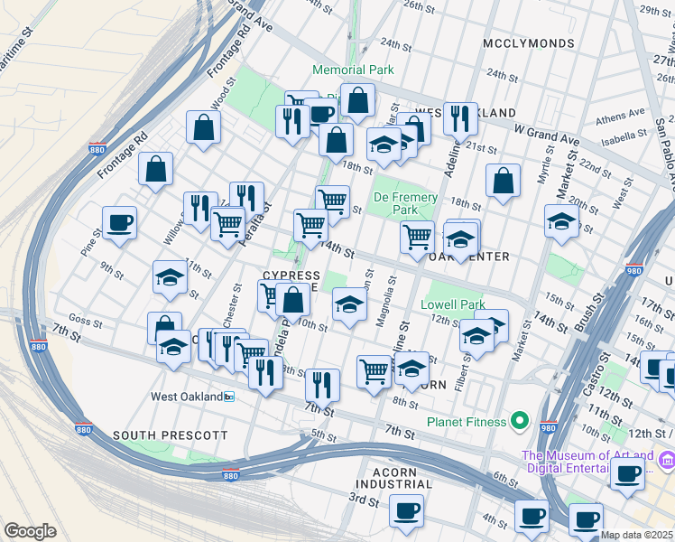 map of restaurants, bars, coffee shops, grocery stores, and more near 1250 Kirkham Court in Oakland