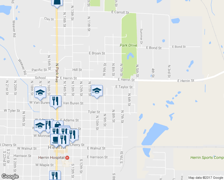 map of restaurants, bars, coffee shops, grocery stores, and more near 713 North 8th Street in Herrin