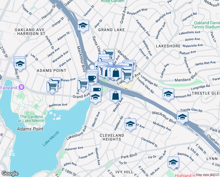 map of restaurants, bars, coffee shops, grocery stores, and more near MacArthur Blvd & Lakeshore Ave in Oakland