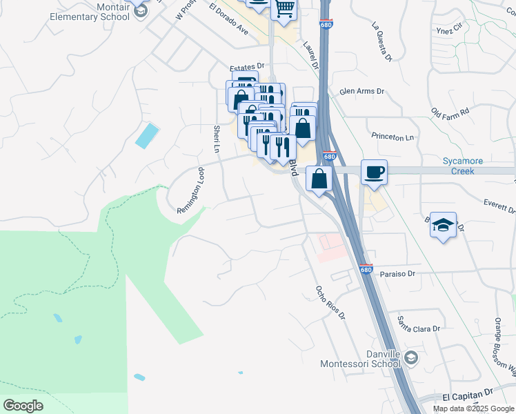 map of restaurants, bars, coffee shops, grocery stores, and more near 232 Morris Ranch Road in Danville