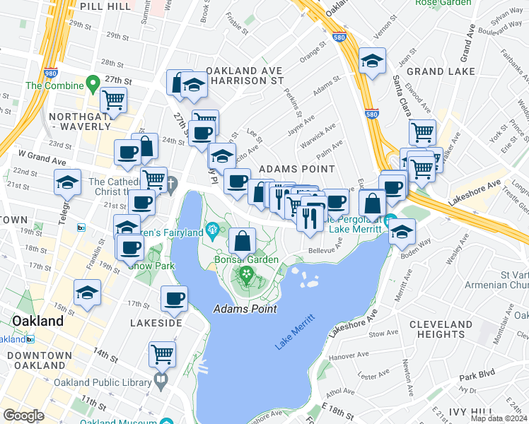 map of restaurants, bars, coffee shops, grocery stores, and more near 465 Lee Street in Oakland