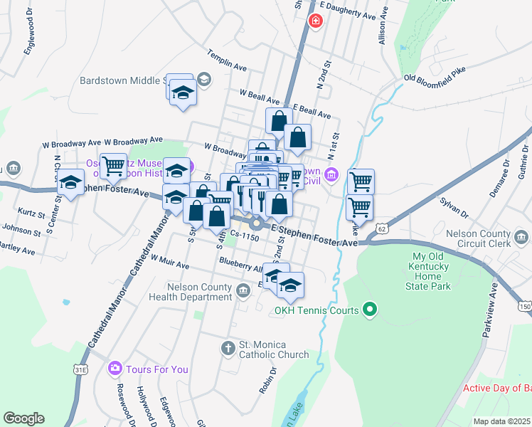map of restaurants, bars, coffee shops, grocery stores, and more near 107 North 3rd Street in Bardstown