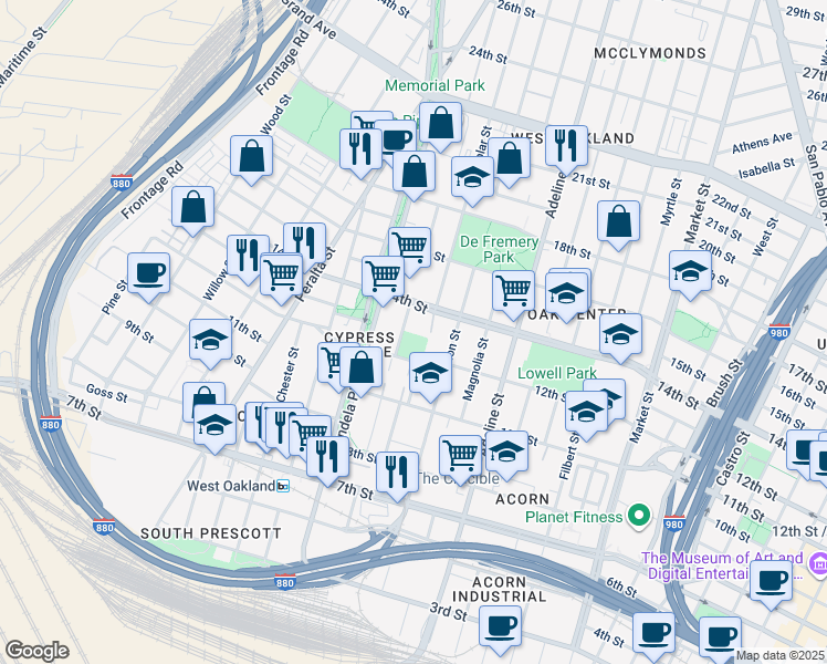 map of restaurants, bars, coffee shops, grocery stores, and more near 1250 Kirkham Court in Oakland